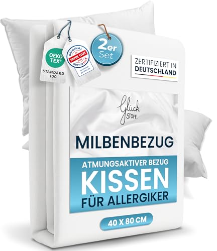 Glückstoff® 2er-Set Milbenbezug Kissen 40x80 [Zertifiziert IN Deutschland] - Premium Kissenschoner Encasing Milben - Allergiker Kissenschutzbezug - Allergie Bettwäsche Anti Milben - Milbenschutzbezug von Glückstoff