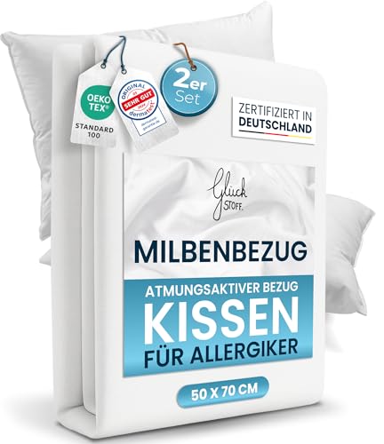 Glückstoff® 2er-Set Milbenbezug Kissen 50x70 [Zertifiziert IN Deutschland] - Premium Kissenschoner Encasing Milben - Allergiker Kissenschutzbezug - Allergie Bettwäsche Anti Milben - Milbenschutzbezug von Glückstoff