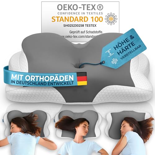 Glückstoff® Memory Foam Kissen [Höhenverstellbar] | Kopfkissen mit anpassbarer Form | Nackenrolle für Seitenschläfer - Grau von Glückstoff