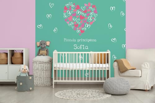 Glücksvilla - Baby-Tapete/Kinderzimmer-Tapete, rote Herzen, personalisierbar mit individuellem Text, selbstkl., 18 türkis (240 x 250 cm BxH), Vliestapete, Wand-Deko Kind Junge Mädchen von Glücksvilla