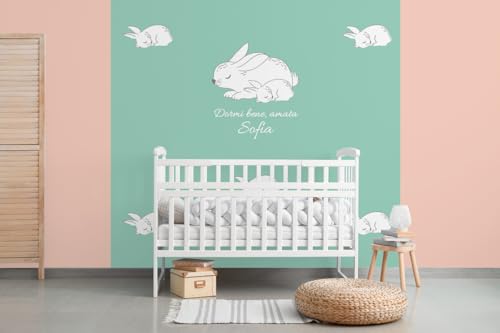 Glücksvilla - Baby-Tapete - Kinderzimmer-Tapete, Häschen, personalisierbar mit individuellem Text, selbstklebend - 17 Aquamarin (240 x 250 cm BxH), Vliestapete, Wand-Deko Kind Junge Mädchen von Glücksvilla