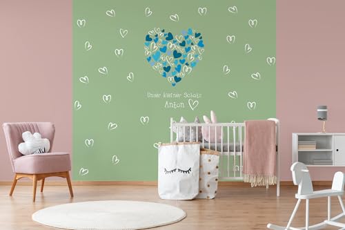 Glücksvilla - Baby-Tapete - Kinderzimmer-Tapete, blaue Herzen, personalisierbar mit individuellem Text, selbstklebend - 31 Mint (240 x 250 cm BxH), Vliestapete, Wand-Deko Kind Junge Mädchen von Glücksvilla