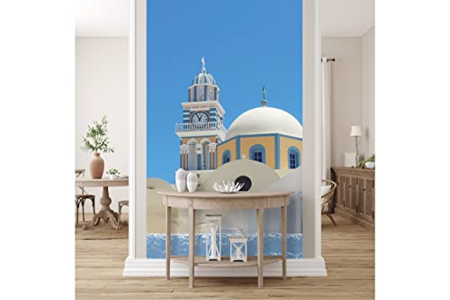 Glücksvilla - Fototapete, selbstklebend (120 x 300 cm (BxH) - div. Maße - Vlies-Tapete XXL Wand-Deko - Blick über die Mauer - Griechenland Ägäis Kykladen Santorin Haus Dorf Fotografie x von Glücksvilla