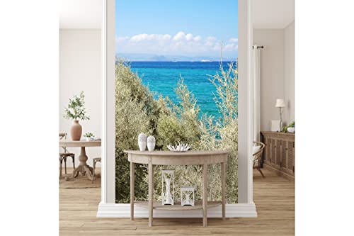 Glücksvilla - Fototapete, selbstklebend (120 x 300 cm BxH) - div. Maße - Vlies-Tapete XXL Wand-Deko - Strand-Idylle auf Naxos 1 - maritime Fotografie Meer Strand Macchia Busch Natur x von Glücksvilla