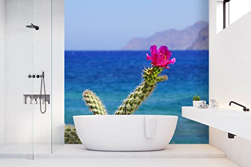 Glücksvilla - Fototapete, selbstklebend (240 x 300 cm (BxH) - div. Maße - Vlies-Tapete XXL Wand-Deko - Kreta - pinke Kaktusblüte - Griechenland Mittelmeer Kakteen Blüte Meer Fotografie x von Glücksvilla