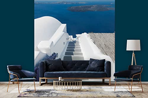 Glücksvilla - Fototapete, selbstklebend (240 x 300 cm (BxH) - div. Maße - Vlies-Tapete XXL Wand-Deko - Santorin, du Perle 1 - Griechenland Treppe Ägäis Meer Insel weiß blau Kykladen x von Glücksvilla