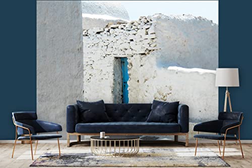 Glücksvilla - Fototapete, selbstklebend (360 x 250 cm (BxH) - div. Maße - Vlies-Tapete - Wand-Deko - Blaue Tür vor weiß - Griechenland Ägäis Kykladen Insel Haus Dorf Fotografie x von Glücksvilla