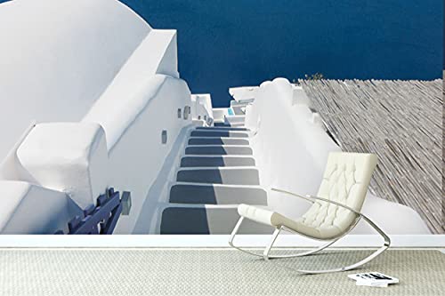 Glücksvilla - Fototapete, selbstklebend (360 x 250 cm (BxH) - div. Maße - Vlies-Tapete - Wand-Deko - Santorin, du Perle 1 - Griechenland Treppe Ägäis Meer Insel weiß blau Kykladen x von Glücksvilla