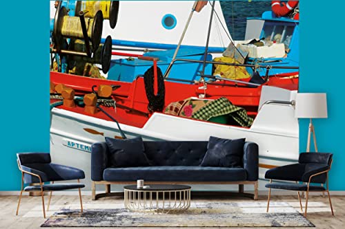 Glücksvilla - Fototapete, selbstklebend (360 x 250 cm (BxH) - div. Maße - Vlies-Tapete XXL Wand-Deko - Bunte Boote - Meer Hafen Landschaft Fischerboot Holz-Schiff Kutter Anker Fotografie x von Glücksvilla