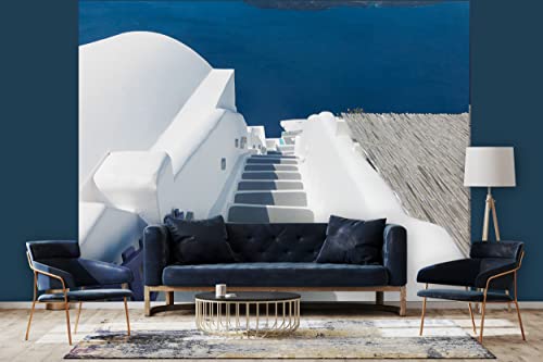 Glücksvilla - Fototapete, selbstklebend (360 x 300 cm (BxH) - div. Maße - Vlies-Tapete - Wand-Deko - Santorin, du Perle 1 - Griechenland Treppe Ägäis Meer Insel weiß blau Kykladen x von Glücksvilla