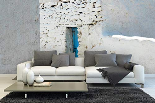 Glücksvilla - Fototapete, selbstklebend (360 x 300 cm (BxH) - div. Maße - Vlies-Tapete XXL Wand-Deko - Blaue Tür vor weiß - Griechenland Ägäis Kykladen Insel Haus Dorf Santorin x von Glücksvilla