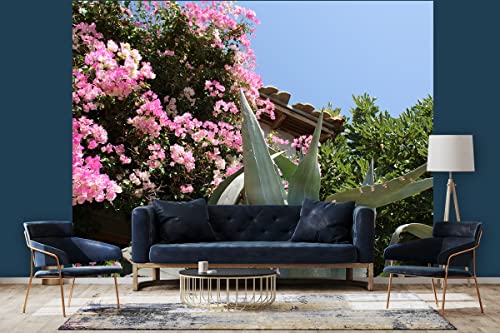 Glücksvilla - Fototapete, selbstklebend (360 x 300 cm (BxH) - div. Maße - Vlies-Tapete XXL moderne Wand-Deko - Kreta - Garten mit Bougainvillea - Griechenland Mittelmeer Pflanze Blume Fotografie von Glücksvilla