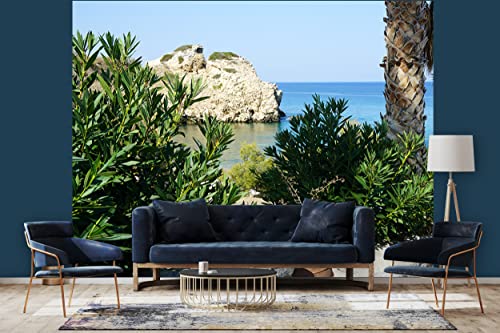 Glücksvilla - Fototapete, selbstklebend (360 x 300 cm BxH) - div. Maße - Vlies-Tapete XXL Wand-Deko - Einsame Bucht auf Naxos - maritime Fotografie Meer Strand Klippe Palmen Natur x von Glücksvilla