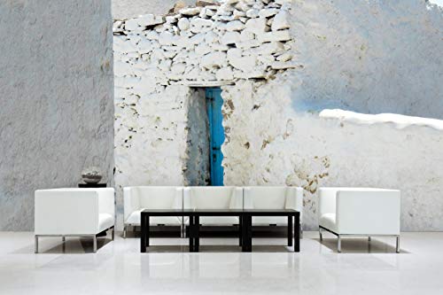 Glücksvilla - Fototapete, selbstklebend (600 x 250 cm (BxH) - div. Maße - Vlies-Tapete - Wand-Deko - Blaue Tür vor weiß - Griechenland Ägäis Kykladen Insel Haus Dorf Fotografie x von Glücksvilla
