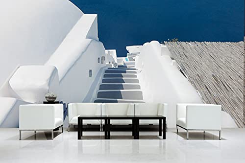 Glücksvilla - Fototapete, selbstklebend (600 x 300 cm (BxH) - div. Maße - Vlies-Tapete XXL Wand-Deko - Santorin, du Perle 1 - Griechenland Treppe Ägäis Meer Insel weiß blau Kykladen x von Glücksvilla