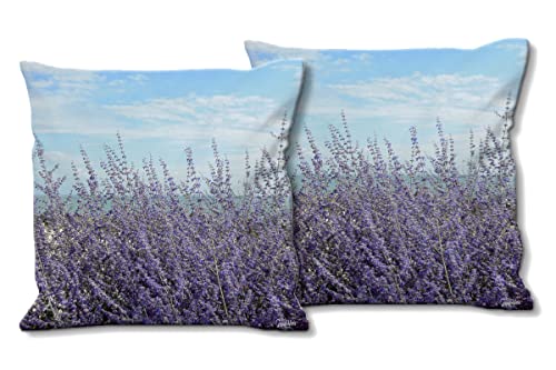 Glücksvilla - Künstler-Foto-Kissen-Hüllen - Kissen-Bezüge Set (2 STK.) 40 x 40 cm, Zierkissen - Deko-Kissen. Motiv: Lavendel vor blauem Himmel - Frankreich Küste Natur Garten Botanik lila von Glücksvilla