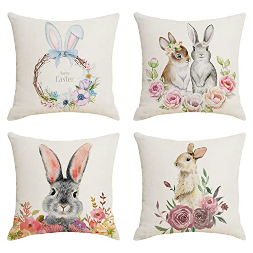 4er Set Ostern Dekorativ Kissenhülle Leinen Ostern Deko Kissenbezug Ostern Hase Dekokissen Kaninchen Kissenhülle Ostern Dekoration Sofakissen für Couch, Auto, Schlafzimmer 45x45 cm (D, One Size) von Glücksvogel