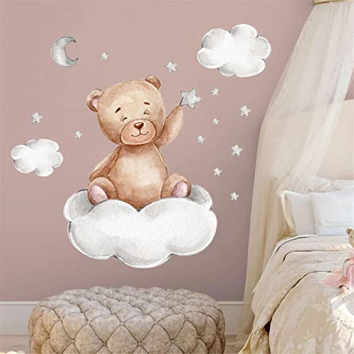 Glücksvogel Kinderzimmer Deko Wandtattoo Bär mit Wolken Sterne Mädchen Junge Wandsticker Wandaufkleber für Spielzimmer Wanddeko Babyzimmer Wandbild Kinder (A, One Size) von Glücksvogel