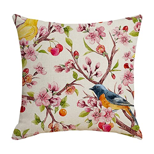 Kissenbezüge Frühling Blumen Vögel Dekorative Kissenhülle 45 x 45 cm Baumwolle Leinen Kissenbezüge Frühling Schmetterling Zierkissenbezüge für Sofa Schlafzimmer Wohnzimmer Auto Zuhause (H, One Size) von Glücksvogel