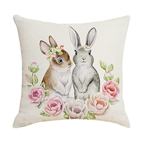 Ostern Kaninchen Kissenhülle 45x45 cm Ostern Leinen Kissenbezug Ostern Deko Dekorativ Sofakissen Kissenhülle Ostern Dekokissen Frühling Dekoration für Couch, Auto Sofa Garten (B, One Size) von Glücksvogel