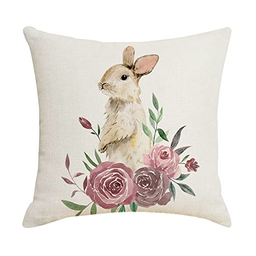 Ostern Kaninchen Kissenhülle 45x45 cm Ostern Leinen Kissenbezug Ostern Deko Dekorativ Sofakissen Kissenhülle Ostern Dekokissen Frühling Dekoration für Couch, Auto Sofa Garten (D, One Size) von Glücksvogel