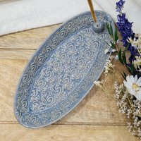 Handgetöpferter Keramik Räucherstäbchenhalter Oval/Grau-Beige Blume Des Lebens Mandala von GluecksvogelCeramics