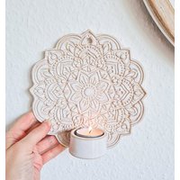 Wandteelichthalter, Wandleuchte "Lakshmi" Mit Mandala in Weiß-Beige, Handgetöpfert, Wanddeko Boho von GluecksvogelCeramics