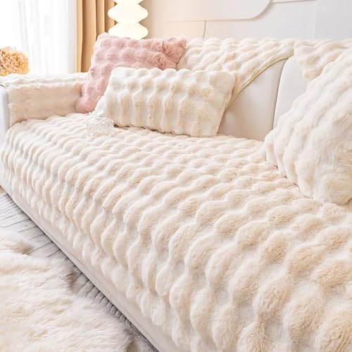 Gluhbirnen Kaninchen Plüsch Sofabezug, Sofa überwurfdecke, Sofa Überwurf, Sofaschoner rutschfest, Warmer Super Weicher Plush Sofabezug für Sofa, Milchweiß, 90 * 120CM von Gluhbirnen