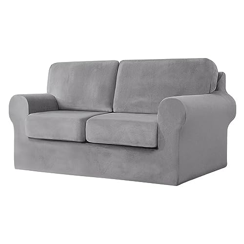 Gluhbirnen Sofa Sitzkissenbezug, Samt Sofabezug, Elastisch Sofa Sofabezug, sofaschoner rutschfest, Extra weicher Sofabezug aus Samt, 2 Sitzer，2 Rückenlehnen und 2 Sitzkissenbezügen，5 Stück, Hellgrau von Gluhbirnen