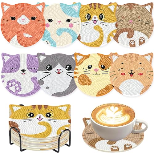 Glvomazty Diamond Painting Untersetzer mit Halter, 8er Set Diamond Painting Katzen, 8er Set DIY 5D Katze Untersetzer Diamond Painting,Diamant rutschfest Tassenuntersetze für Kinder, Erwachsene von Glvomazty