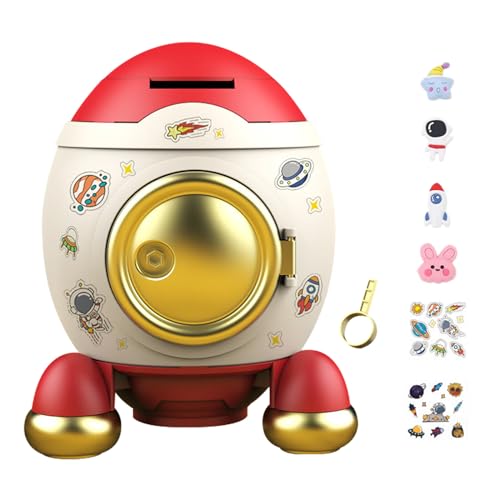 GmeDhc Sparschwein Groß, Sparschwein Rakete Astronaut, Spardose Kinder Mädchen Junge, Spardose Groß Personalisiert, Sparbüchse mit Cartoon-Aufkleber und Schlüssel Entsperren von GmeDhc