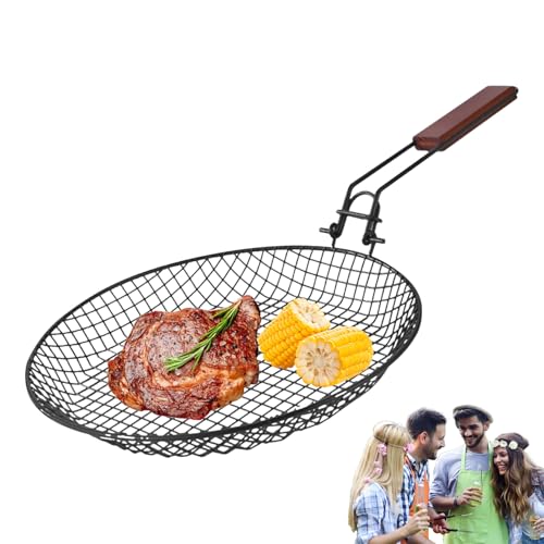 Faltbarer Grillkorb – BBQ Einsatz Aus Stahl – Rundes Rost Mit Holzgriff | Frittierkorb Für Fleisch | Zubehör Gartenbarbecue Leicht Zu Reinigen von Gmokluytw