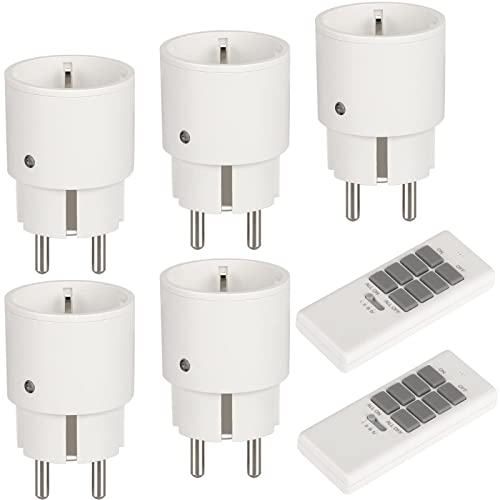Gmornxen Steckdose mit Fernbedienung 2300W, 5er Funksteckdosen mit 2er Fernbedienung, Programmierbar Funksteckdosen Set Reichweite 70m, Funkschalt Set Selbstlern-Funktion für Haushaltsgeräte, Weiß von Gmornxen