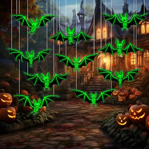 Gmphix Halloween Deko Outdoor, 10 Stück Leuchtende Fledermaus Deko, Grün FledermäUse Wasserdichtes PVC, Hängende Horror Deco Für Halloween Garten Dekorations von Gmphix