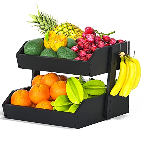 Gmtsl Bambus-Obstkorb – Obstschale mit 2 Etagen für die Küchentheke, große Kapazität, Obsthalter mit 2 Bananenaufhängern, ideal für Obst und Gemüse, Brotkorb, Snack-Organizer (schwarz) von Gmtsl