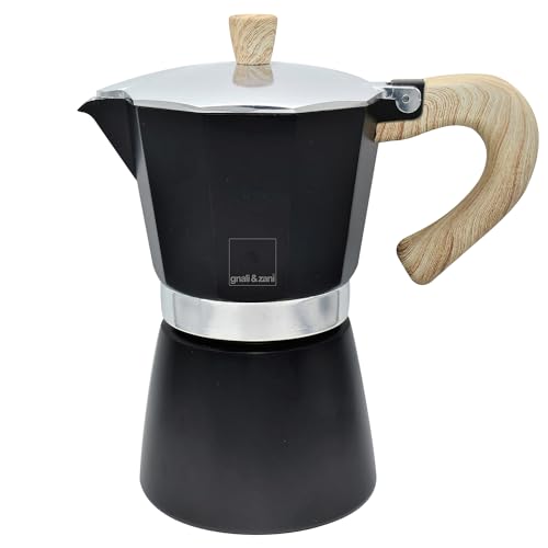 Gnali & Zani Venezia Espressokocher | Schwarz | Für 9 Tassen | Alle Herdarten inklusive Induktion | Aluminium Espresso kocher | Griffe aus Softtouch-Kunststoff in Holzoptik | Camping Kaffeekocher von Gnali & Zani