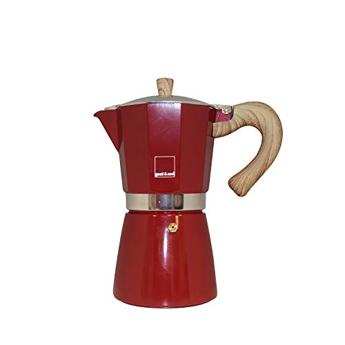 Gnali & Zani Venezia Espressokocher | Rot | Für 6 Tassen | Alle Herdarten inklusive Induktion | Aluminium Espresso kocher | Griffe aus Softtouch-Kunststoff in Holzoptik | Camping Kaffeekocher von Gnali & Zani