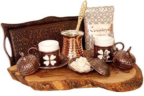 Türkischer Luxus Ottomane Kaffee & Espresso 2er Set mit Kupfer Kaffeekanne und Kocatepe Türkischer Kaffee, Traditionelles stilvolles Design, 13 Stück (Antik Braun) von Gneric