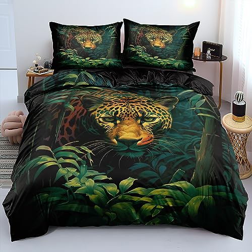 Gnomvaie 3D Leopard Bettwäsche 220x240cm Tier Grün Blätter Pflanze Bettbezug Schwarz Weich Mikrofaser mit Reißverschluss und Kissenbezug 80x80cm von Gnomvaie