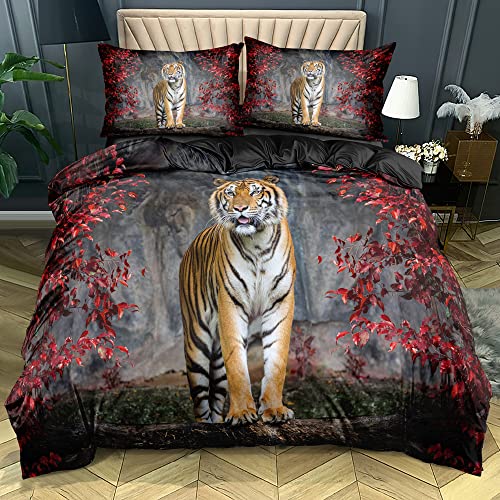 Gnomvaie Bettwäsche 3D Tier Tiger Muster 135x200cm Rot Blätter Schwarz Bettbezug Weich Mikrofaser mit Reißverschluss und Kissenbezug 80x80cm von Gnomvaie