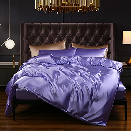 Gnomvaie Bettwäsche Satin 135x200cm Violett Lila Einfarbig 4 Teilig Seide Luxus Angenehm Bettbezug mit Reißverschluss und Kissenbezug 80x80cm von Gnomvaie