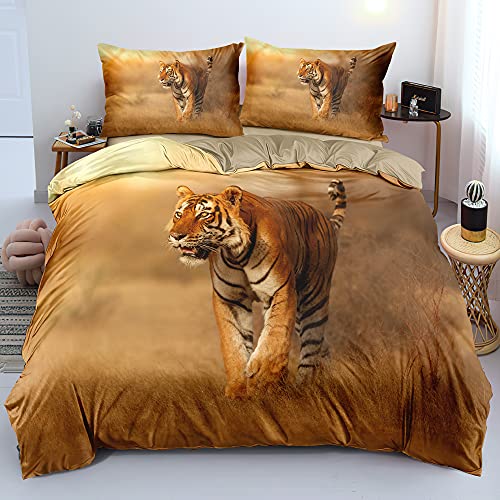 Gnomvaie Bettwäsche Tier 3D Tiger Thema 135x200 Braun Gelb Bettbezug Weich Mikrofaser mit Reißverschluss und Kissenbezug 80x80cm von Gnomvaie