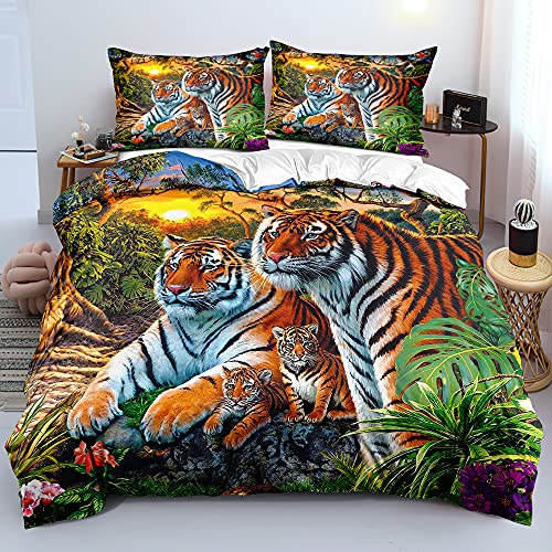 Gnomvaie Bettwäsche Tier 3D Tiger Thema 135x200 Grün Pflanze Weiß Bettbezug Weich Mikrofaser mit Reißverschluss und Kissenbezug 80x80cm von Gnomvaie