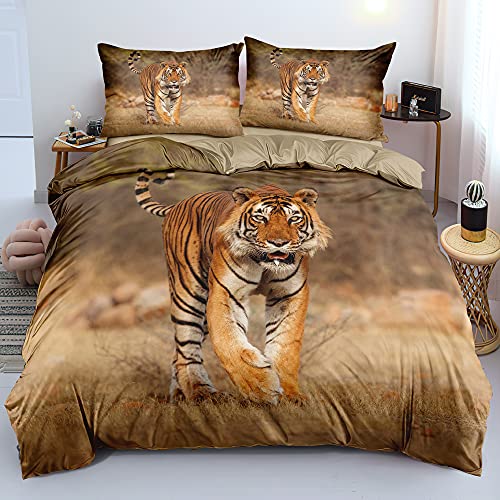 Gnomvaie Bettwäsche Tier 3D Tiger Thema Muster 155x220 Braun Bettbezug Weich Mikrofaser mit Reißverschluss und Kissenbezug 80x80cm von Gnomvaie