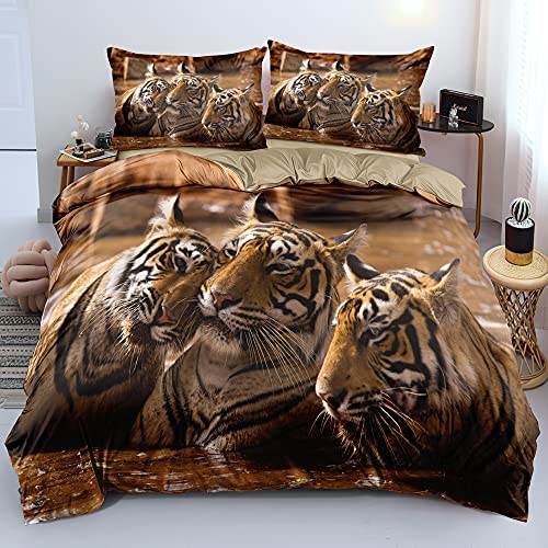 Gnomvaie Bettwäsche Tier 3D Tigers Thema 200x200 Braun Bettbezug Weich Mikrofaser mit Reißverschluss und Kissenbezug 80x80cm von Gnomvaie