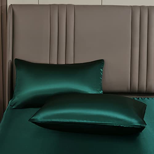 Gnomvaie Grün Dunkelgrün 2er Set Satin Kissenbezüge 40x80cm Glatt Angenehm Mikrofaser Kissenbezug Einfarbig Glänzend Seide Kopfkissenbezug von Gnomvaie