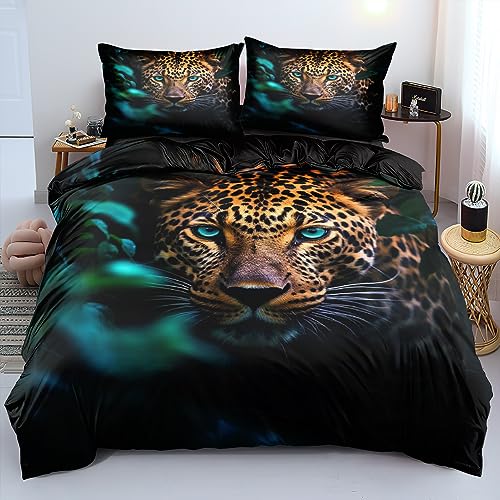 Gnomvaie Leopard Bettwäsche 135x200cm 3D Tier Muster Bettbezug Schwarz Weich Mikrofaser mit Reißverschluss und Kissenbezug 80x80cm von Gnomvaie
