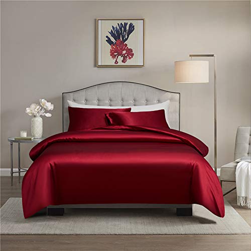 Gnomvaie Luxus Satin Bettbezug 200x200 cm, 3 Teilig Weinrot Glatt Glänzend Seidig Angenehm Glanzsatin Polyester Bettwäsche Set mit Kissenbezug 80x80cm von Gnomvaie