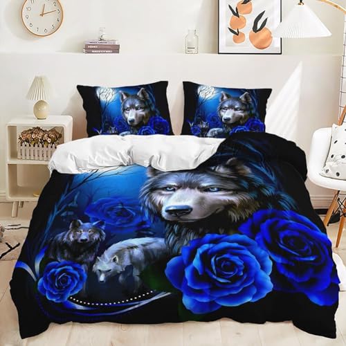 Gnomvaie Tier Bettwäsche 155x220cm 3D Wolf Rose Blau Muster Bettbezug Weich Mikrofaser mit Reißverschluss und Kissenbezug 80x80cm von Gnomvaie