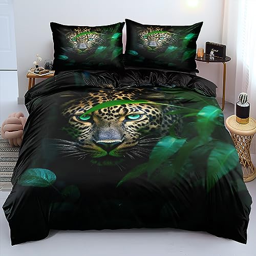 Gnomvaie Tier Bettwäsche 3D Leopard 135x200cm Grün Blätter Bettbezug Schwarz Weich Mikrofaser mit Reißverschluss und Kissenbezug 80x80cm von Gnomvaie